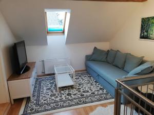 a living room with a blue couch and a tv at Apartment zur Schmiede in Gröbming