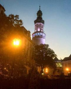um farol é iluminado à noite com uma luz de rua em Gold em Sopron
