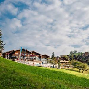 un groupe de maisons sur une colline herbeuse dans l'établissement Solbadhotel Sigriswil, à Sigriswil