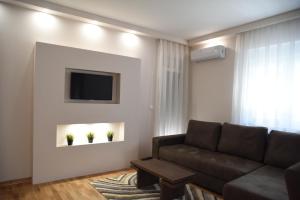 a living room with a couch and a tv at Vrnjacka Idila in Vrnjačka Banja