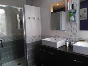 a bathroom with two sinks and a glass shower at La cité des abeilles in Villemandeur +28 photos