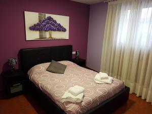- une chambre avec un lit aux murs violets dans l'établissement HOSTAL ITXASO-ENEA, à Aoiz