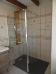 y baño con ducha y puerta de cristal. en gîte " L'Albizia", en Prissac