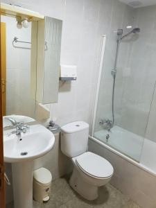 a bathroom with a toilet and a sink and a shower at HOSTAL ITXASO-ENEA in Aoiz