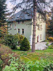 a white house with a tree in front of it at Das Rübezahl in Bad Elster