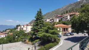 ein Baum an der Seite einer Straße mit Gebäuden in der Unterkunft Epic Rooms in Delphi