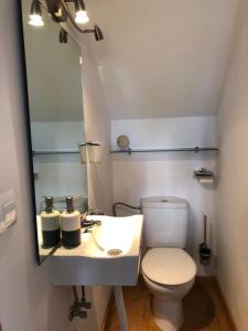 une salle de bain avec toilettes, lavabo et miroir dans l'établissement Tarifa Surf Center Apartment, à Tarifa 6 autres photos
