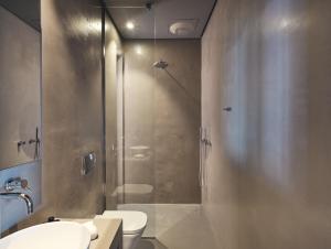 a bathroom with a shower and a toilet and a sink at Vais Luxury Villas in Agios Nikolaos