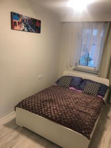 ein kleines Bett in einem Zimmer mit Fenster in der Unterkunft Apartament Słoneczny II in Dziwnówek