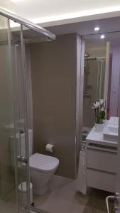 a bathroom with a toilet and a glass shower at Mar Beach Apartment in Póvoa de Varzim +13 photos