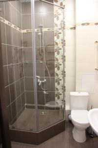 
a bathroom with a toilet and a shower stall at Hotel Soyuz in Irkutsk
