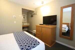 Cette chambre comprend un lit et une télévision à écran plat. dans l'établissement Harrison Spa Motel, à Harrison Hot Springs