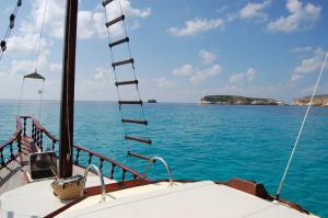 a boat with a ladder on the side of the water at El Mosaico Del Sol in Lampedusa
