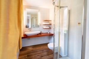 a bathroom with a sink and a toilet and a mirror at Castel de Daval in Sierre