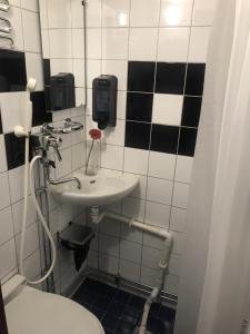 uma casa de banho com um lavatório e um WC em Rygerfjord Hotel & Hostel em Estocolmo