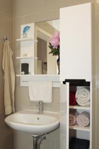 un bagno con lavandino, specchio e asciugamani di Stay-In Vienna 23 a Vienna