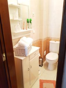 un bagno con un water, un lavandino e uno specchio di Apartamento Sado a Setúbal