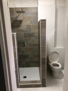 a bathroom with a shower with a toilet at Black Sheep Medellin in Medellín +32 photos