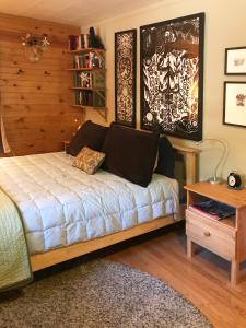 1 dormitorio con 1 cama y pared de madera en Fivespot Cabin, en Pinehurst