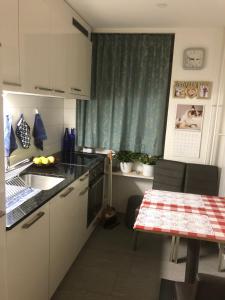 uma cozinha com uma mesa e um lavatório e uma mesa e uma cozinha com em Homestay Zürich HB Room em Zürich