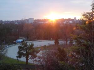 Blick auf einen Pool in einem Park bei Sonnenuntergang in der Unterkunft B&B Pappelweg - 2 in Muttenz