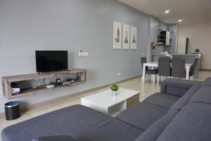 a living room with two blue couches and a tv at PM Octagon Ipoh Suites & Apartment 2 in Ipoh