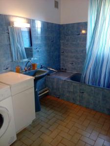 een badkamer met een bad, een wastafel en een wasmachine bij gite les chaumeix in Prondines