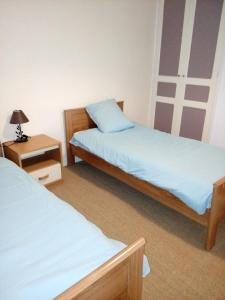 a bedroom with two beds and a lamp on a table at gite les chaumeix in Prondines