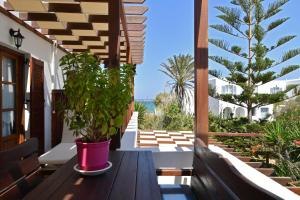 a patio with a wooden table with a potted plant at Batistas Apartments in Naousa