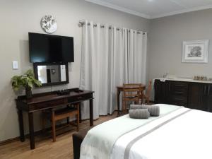 Dormitorio con cama, escritorio y TV en Welcome Home Cottages, en Pietermaritzburg