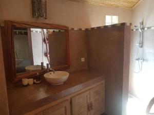 uma casa de banho com um lavatório, um espelho e um chuveiro em Keur Palmier Saly em Saly Portudal