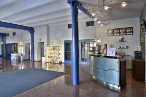 LH Hotel Dvořák Tábor Congress & Wellness في طابور: امرأة تقف في كونتر في غرفة كبيرة مع أعمدة زرقاء