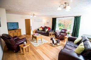 a living room with leather furniture and a dog in it at ROUND PARK- Private and spacious family bungalow with parking in Laugharne