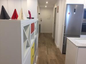 eine Küche mit weißen Schränken und einem Kühlschrank in der Unterkunft Apartamento en pleno centro de Salamanca !!! in Salamanca