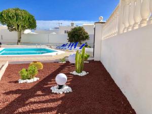 a backyard with cactuses and a swimming pool at Casa Margarita in Puerto del Carmen