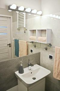 a bathroom with a sink and a mirror at Dom przy borowinie in Kołobrzeg