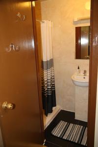 een badkamer met een wastafel en een douchegordijn bij Portsmouth Budget Hotels - All rooms are EN-SUITE in Portsmouth