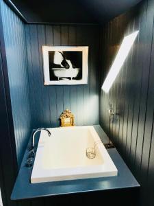 een badkamer met een witte wastafel en een foto aan de muur bij The Piggery - North Wales Retreat in Pwllheli
