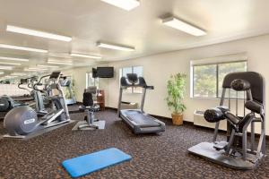 una sala de fitness con cintas de correr y máquinas de ejercicio cardiovascular en Travelodge by Wyndham Sharon Springs, en Sharon Springs