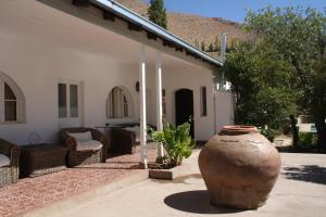 un grande vaso seduto fuori da una casa di Hotel El Milagro a Pisco Elqui