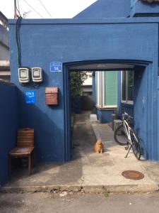 a blue building with a dog sitting in the doorway at Jeju Guesthouse in Jeju