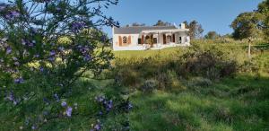 a white house on a hill with purple flowers at Berg n Dal Heritage Farm in Uilenkraal