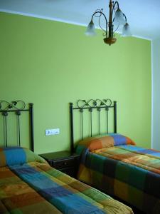 2 camas en una habitación con paredes verdes en Apartamentos Arcos de Solana, en Vilas del Turbón