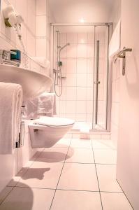 un bagno con doccia, WC e lavandino di Eiger Guesthouse a Mürren