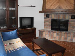 a living room with a couch and a fireplace at Apartamentos Arcos de Solana in Vilas del Turbon