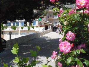 una pasarela con flores rosas frente a un edificio en Pansion Komfor Moča, en Makarska