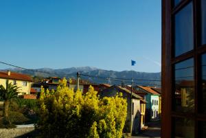 uma vista a partir de uma janela de uma cidade com flores amarelas em Casa Rural El Ñeru em Llanes