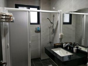 吉安的住宿－蓮緣民宿，带淋浴、盥洗盆和镜子的浴室