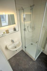 a bathroom with a shower and a sink at FeWo Kabine 21 / Zentral / Terrasse / Seilbahn Blick in Rüdesheim am Rhein