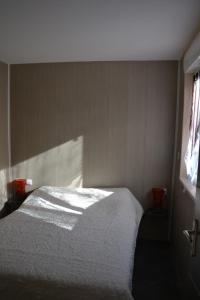a bedroom with a white bed and a window at Gite L'Acacia in Lagorce